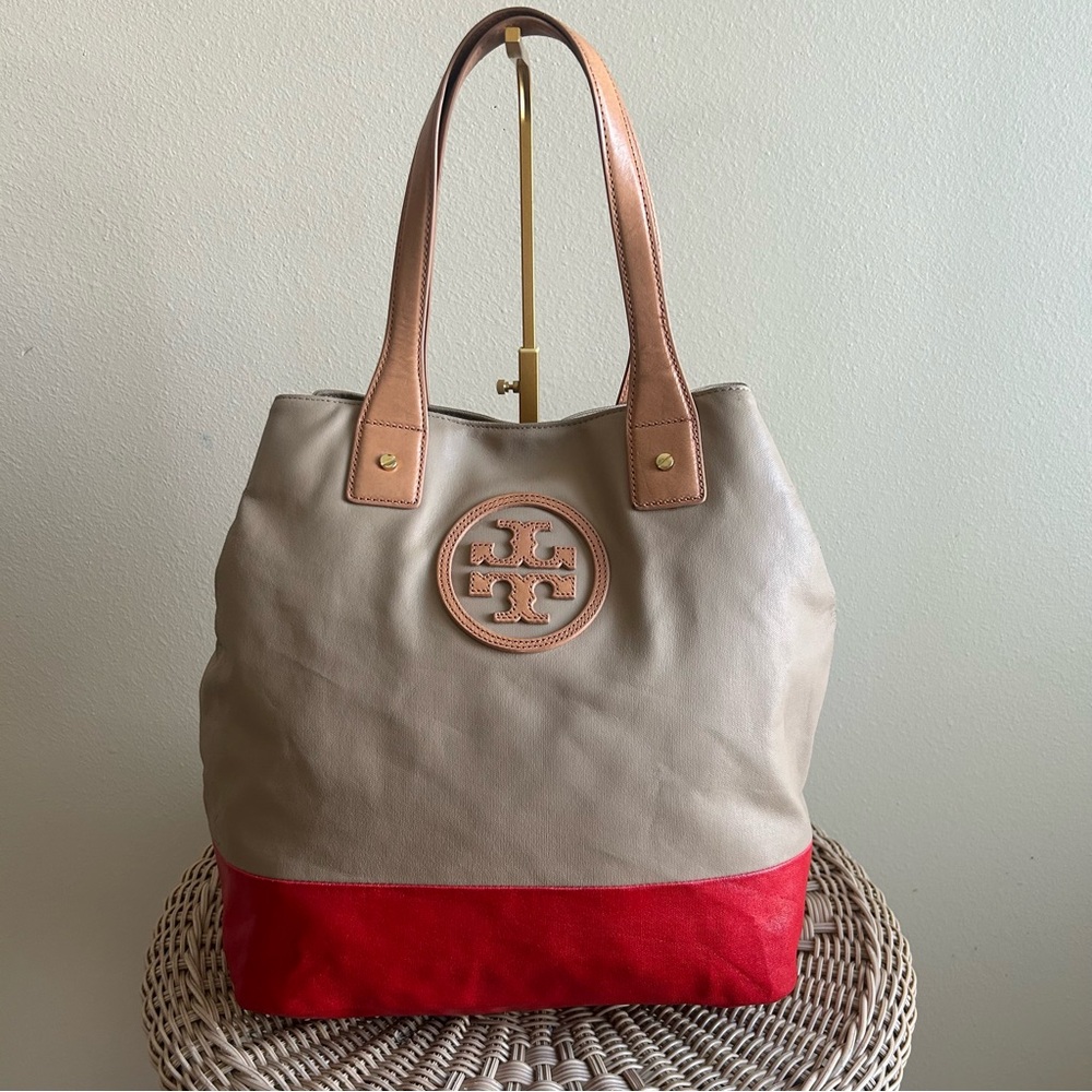 Tory Burch 'Michelle' tote bag in a tan and red color block design.